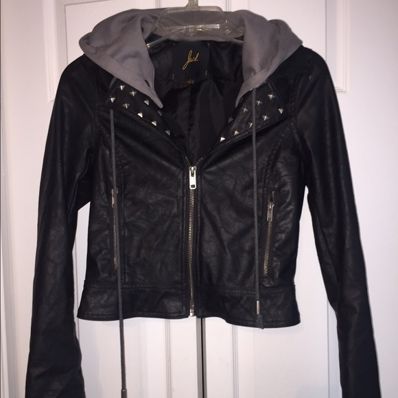 Leather jacket with studs and detachable hood - Picture 1 of 4