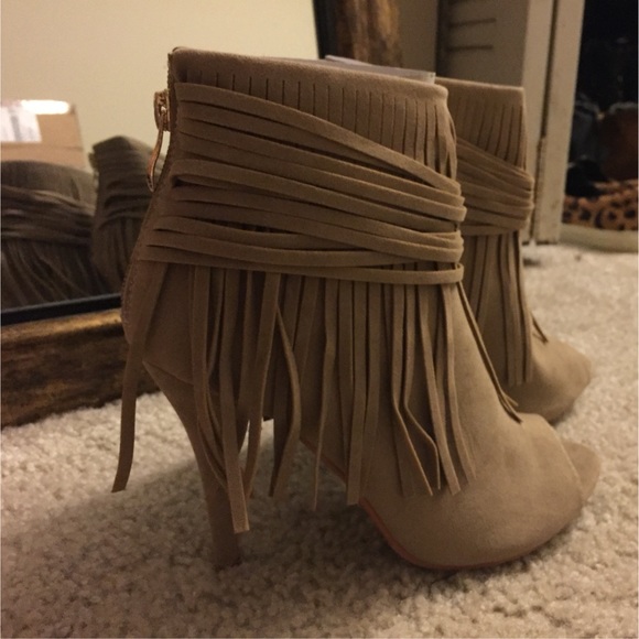 Faux suede fringe open-toe bootie