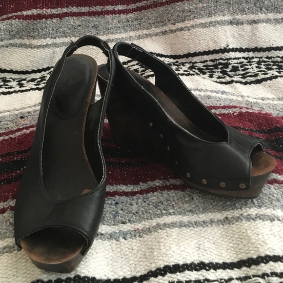 Black faux leather wedges with stud detail