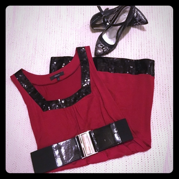 Red holiday dress with black sequin edging