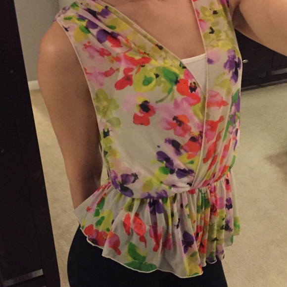 Express Orange Pink Floral Chiffon Blouse Top XS