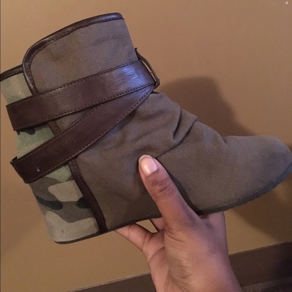 Olive Green Wedged Ankle Bootie w/ Army Print Heel