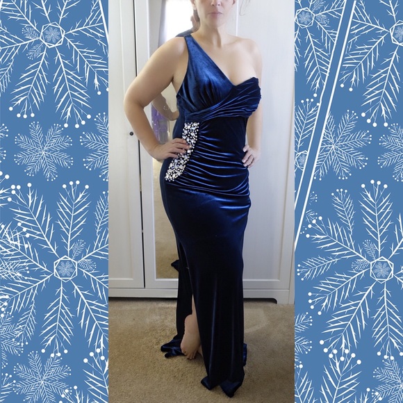 Navy velvet gown with rhinestone detail