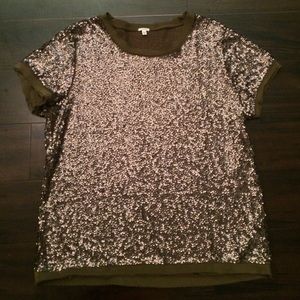 J. Crew Olive Sequin Short Sleeve Silk Top