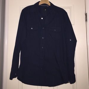 MENS navy blue with grey small dots button down
