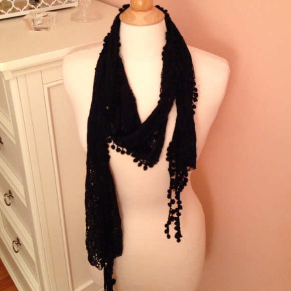 Black Lace Scarf with Poms