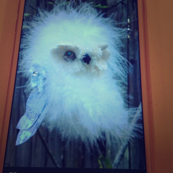 White Fluffy Owl Ornament with Swarovski Eyes - Picture 2 of 4