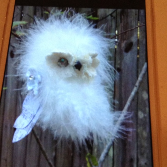 White Fluffy Owl Ornament with Swarovski Eyes - Picture 3 of 4