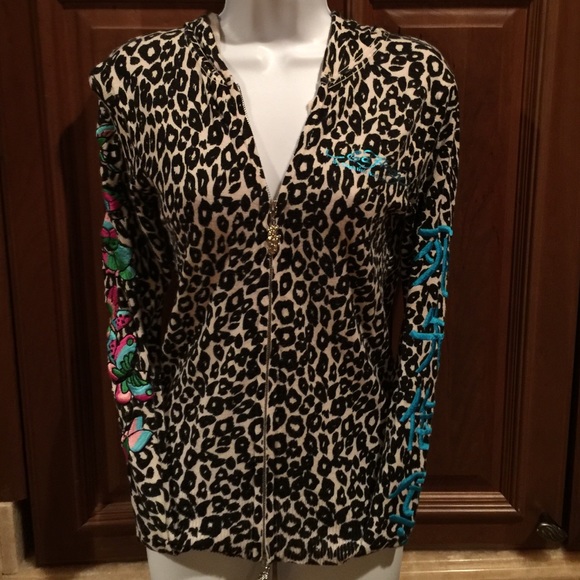 Ed Hardy zip-up sweater hoodie in leopard print.