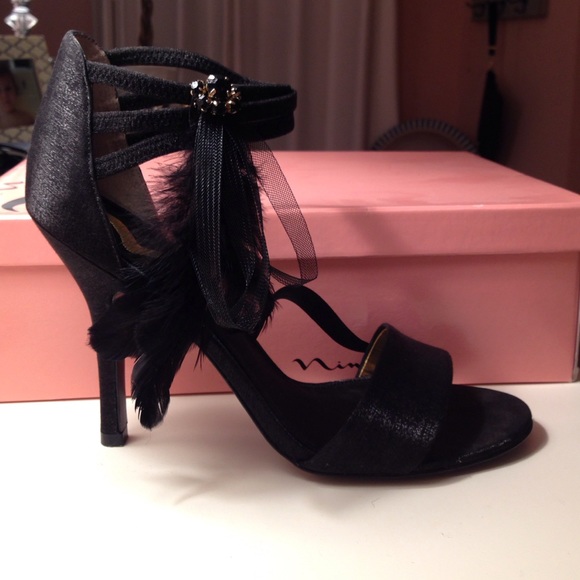 Nina Black Evening Heels with Feather Detail