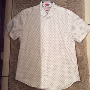 Slim fit white button down with red and blue dots