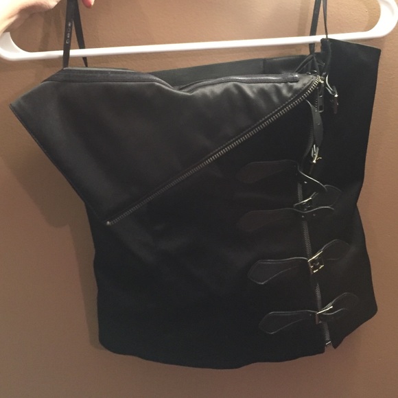 BEBE bustier top with front buckles and zipper