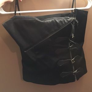BEBE bustier top with front buckles and zipper