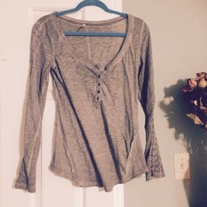 Free People Olive Lace Sleeve Shirt