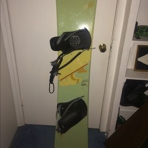 snowboard, boots, and bindings