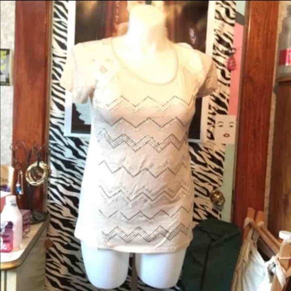 Tan Shirt W/ Rhinestone Chevron & Lace