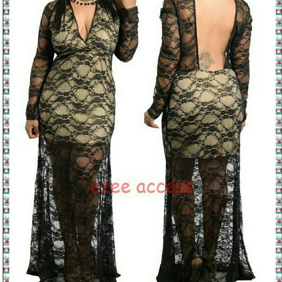 Plus size dress long maxi lace sheer mesh - Picture 2 of 3