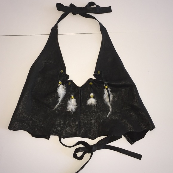 Black leather feathered top