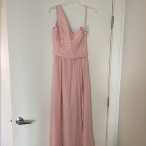 Amsale blush pink one shoulder bridesmaid dress