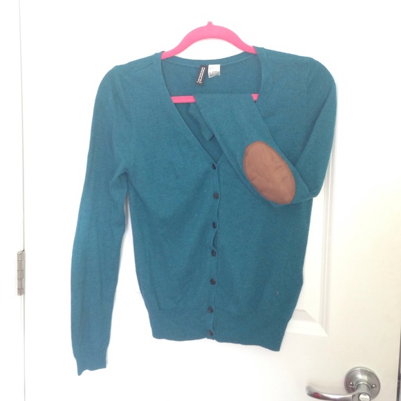 Teal cardigan with elbow patches