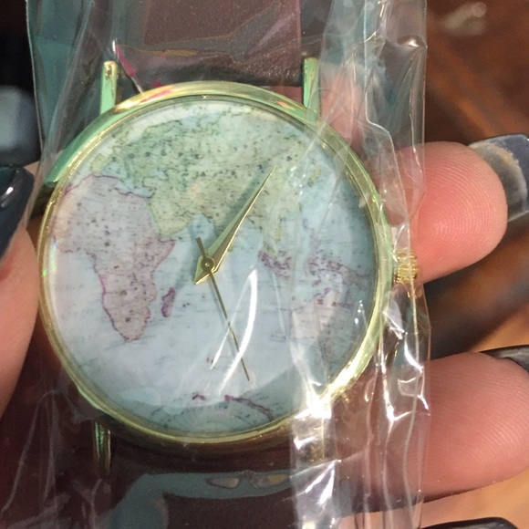 World map design leather band watch