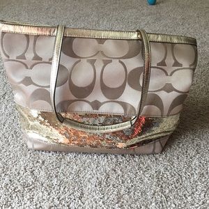 Tan and gold sequin Coach purse