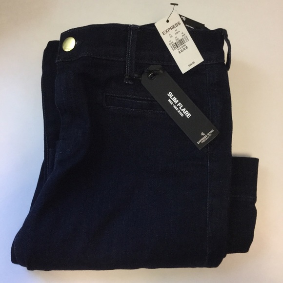 Express slim flare Mia Mid rise dark denim jeans