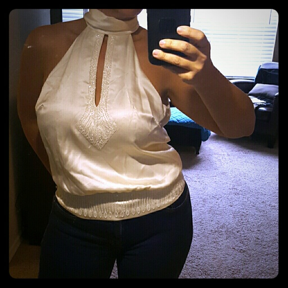 BCBGMAXAZRIA Champaign White beaded Bow Halter