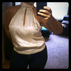 BCBGMAXAZRIA Champaign White beaded Bow Halter