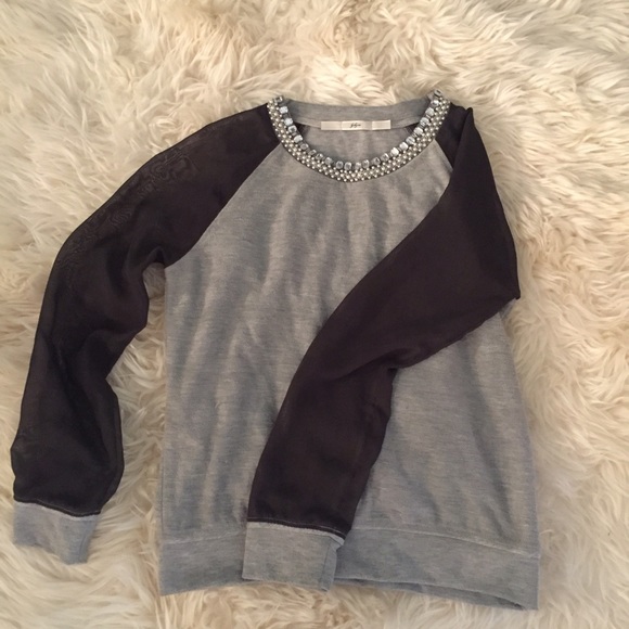 Embellished neckline sweater with sheer sleeves - Picture 1 of 4