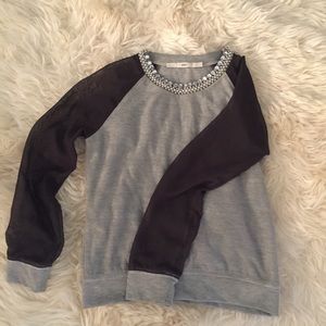 Embellished neckline sweater with sheer sleeves