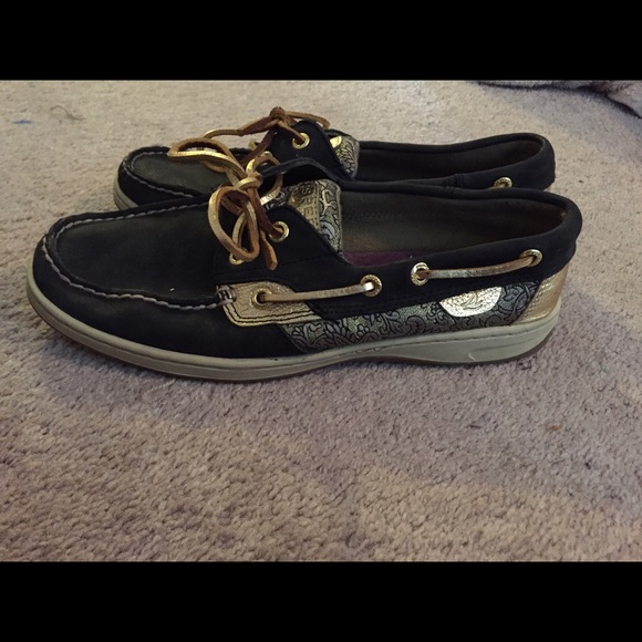 Sperry Sliders. Black and gold. Size 7.5