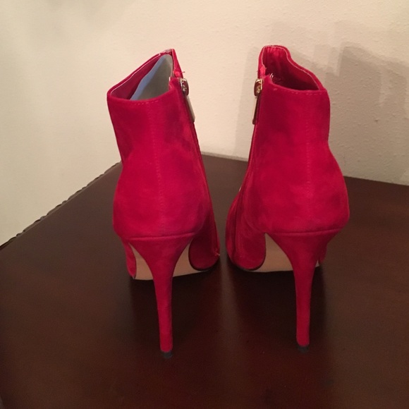 Hot Red Suede Ankle Boot with Gold Toe - Picture 2 of 4