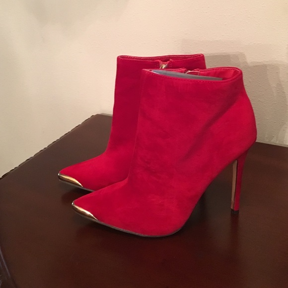 Hot Red Suede Ankle Boot with Gold Toe - Picture 3 of 4