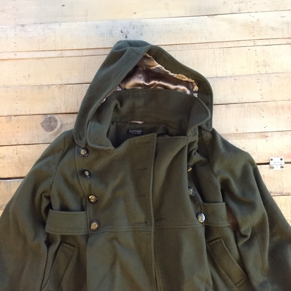 Topshop Dark Green Wool Coat with Detachable Hood - Picture 2 of 4