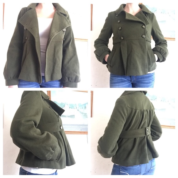 Topshop Dark Green Wool Coat with Detachable Hood - Picture 4 of 4