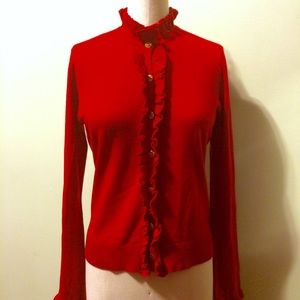 Tory Burch Red Wool Carlin Ruffled Cardigan