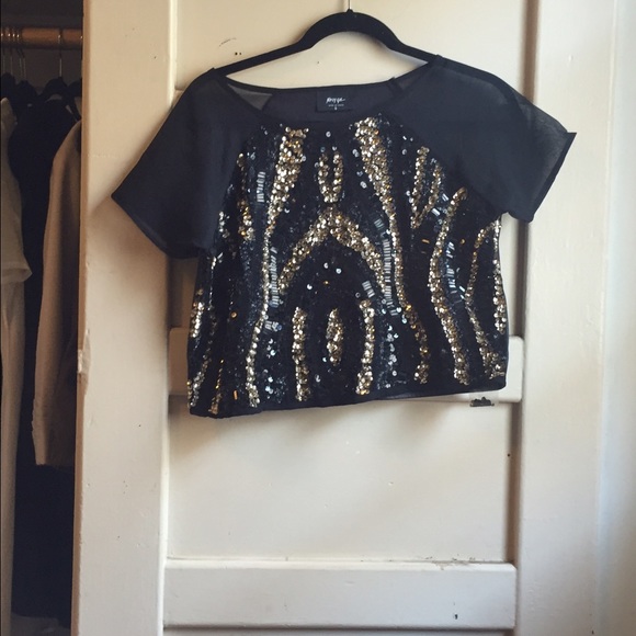 Black and gold sequin crop top mesh sleeves