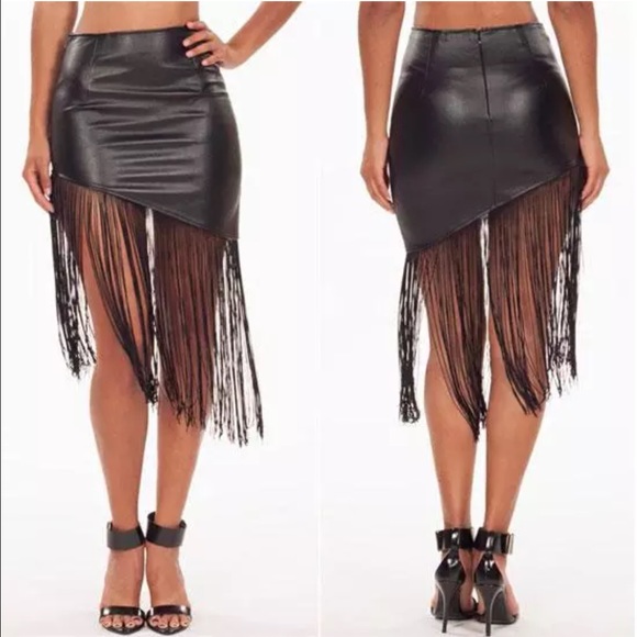 Plus size asymetric mini fringe faux leather skirt