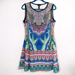 Aqua printed scuba fit and flare dress