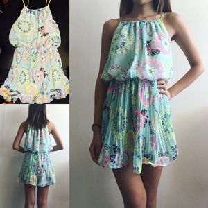 Colorful mint floral print chiffon dress.