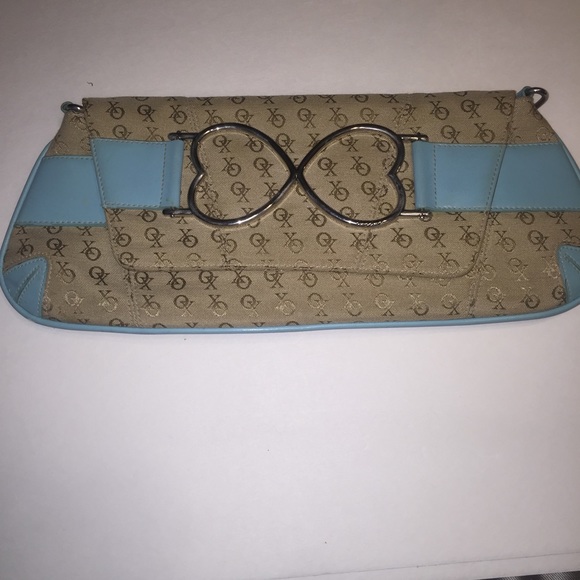 Turquoise & tan envelope clutch