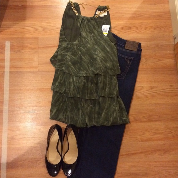 Michael Kors Gold Chain Olive Green Ruffle Tanktop