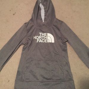 Gray and White North Face hoodie