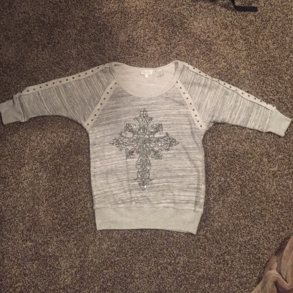 1/2 sleeve Miss Me, cream colored, cross sweater.