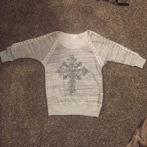 1/2 sleeve Miss Me, cream colored, cross sweater.