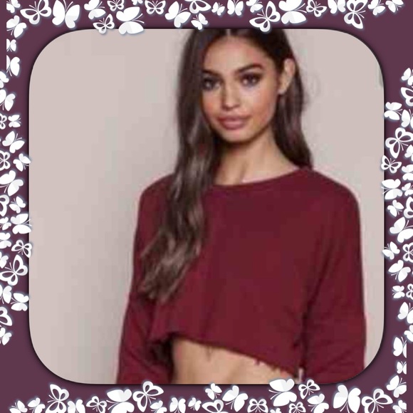 Tops - Burgundy Raw Edged Cropped Sweatshirt Size XL