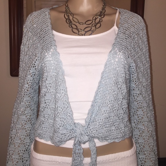 Dusty blue crocheted shrug  with silvery threads