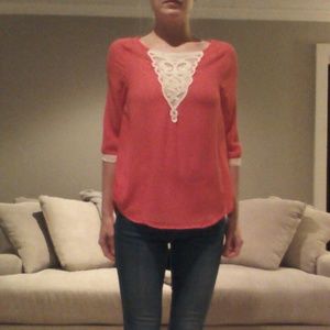 NWOT Sheer Embroidered High Low Coral Blouse Top S