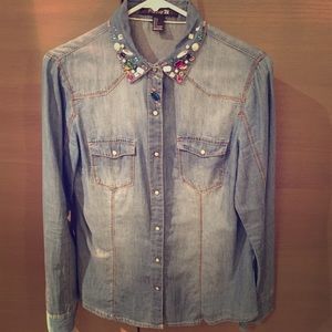 Denim jeweled button down shirt